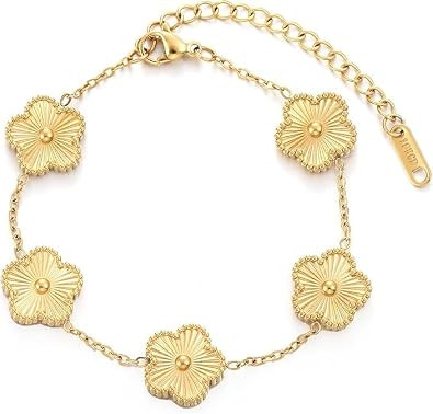 Four Leaf Clover Bracelet for Women 14K Gold Stainless Steel Lucky 4 Leaf Gold Link Bracelet Jewelry Gift for Women | Amazon (US)