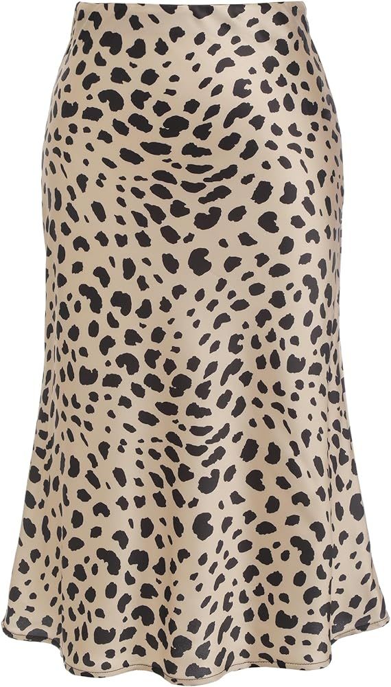 Finejo Leopard Skirts for Women High Waist Midi Long Length Cheetah Skirts Satin Silk Elastic Ski... | Amazon (US)