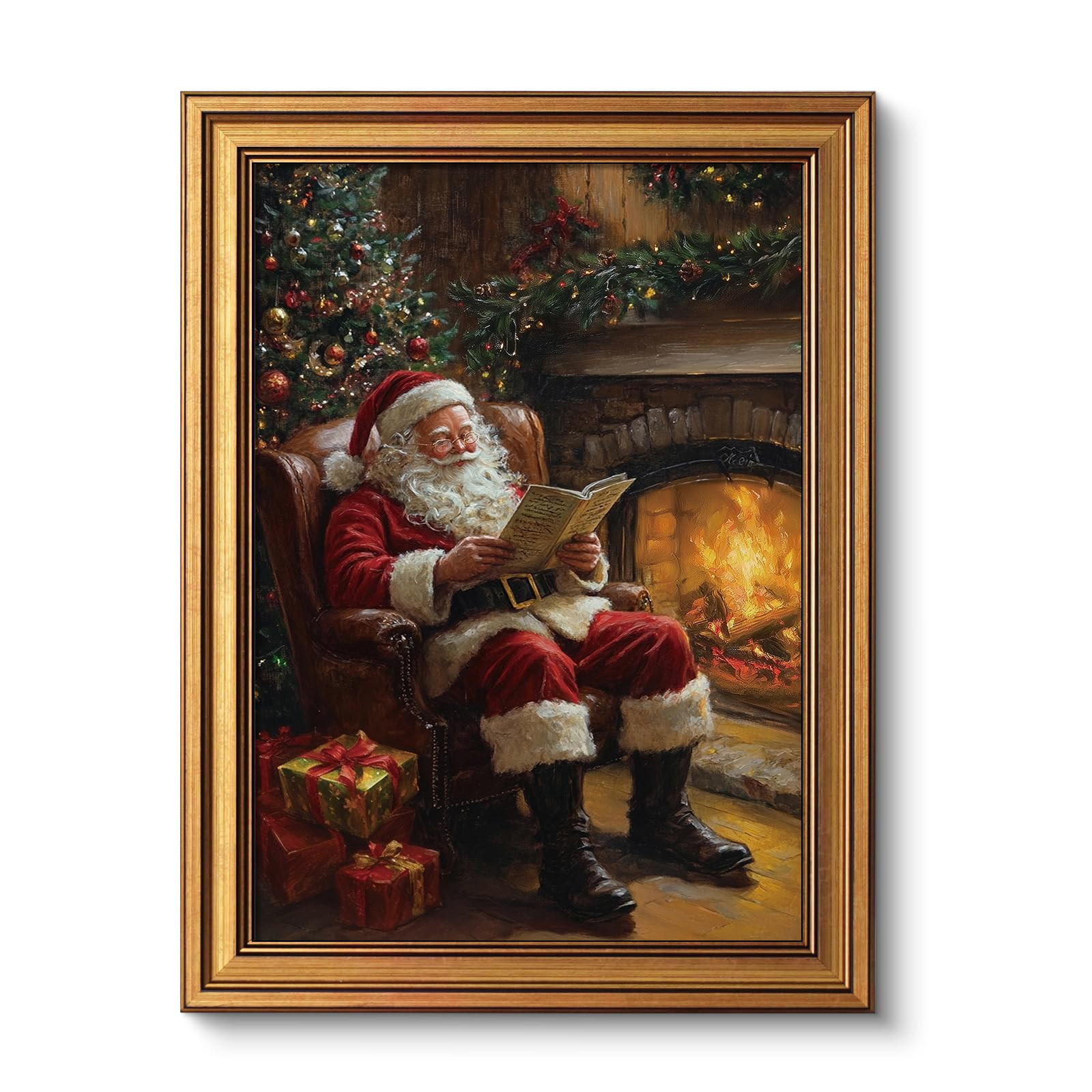 VIYYIEA Vintage Gold Framed Wall Art for Living Room, Christmas Canvas Prints Home Decor, Oil Painting Picture, Bedroom Wall Decor Gifts for Friends or Family -【Santa Claus Reading 】-(16L x 12W) | Amazon (US)