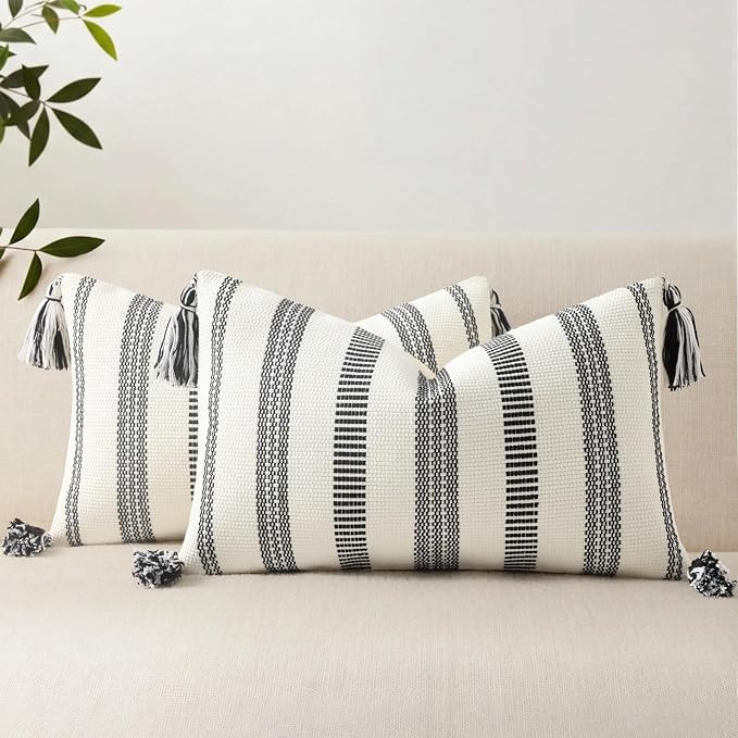 Smile Bee Outdoor Striped Pillow Covers 12x20 Set of 2 Black and White | Amazon (US)