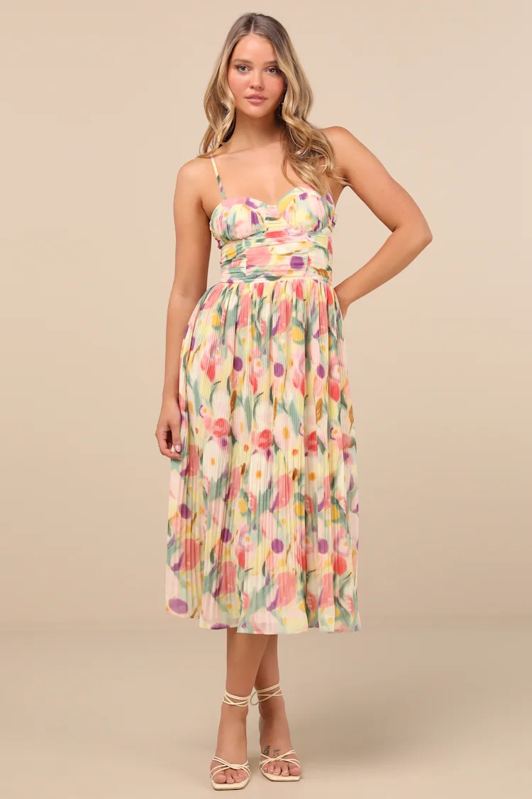 Aleyna Yellow Abstract Pleated Lace-Up Bustier Midi Dress | Lulus