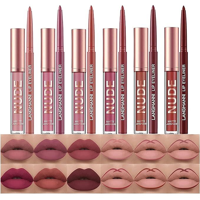 12Pcs Matte Liquid Lipstick + Lip Liner Pens Set, One Step Lips Makeup Kits Pigment Velvety Nude ... | Amazon (US)