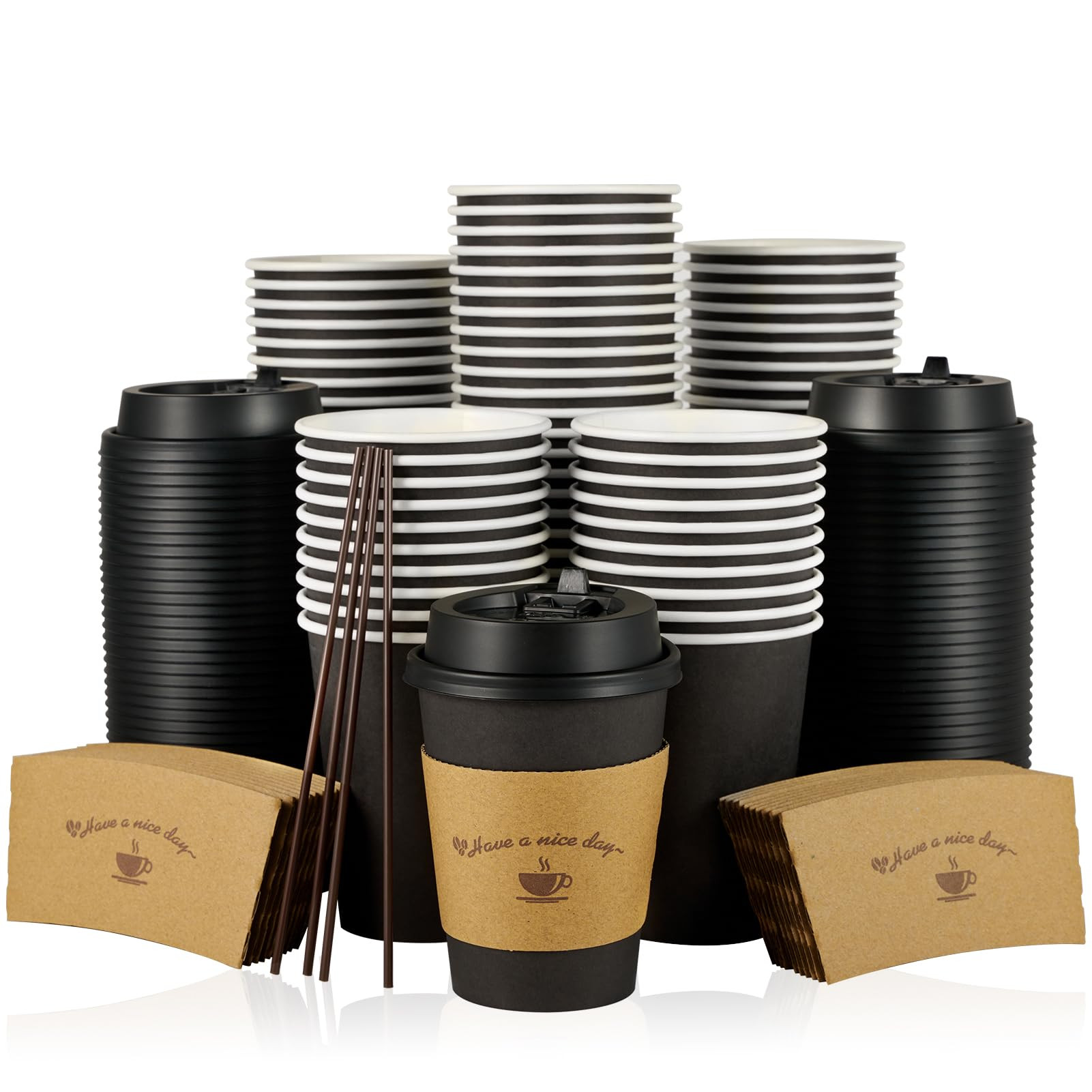 LITOPAK 100 Pack 12 oz Paper Coffee Cups for Hot Chocolate Drinks, Black Disposable Coffee Cups w... | Amazon (US)