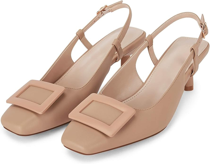 Coutgo Womens Kitten Heel Slingback Pumps Closed Square Toe Buckle Wedding Party Dress Shoes | Amazon (US)