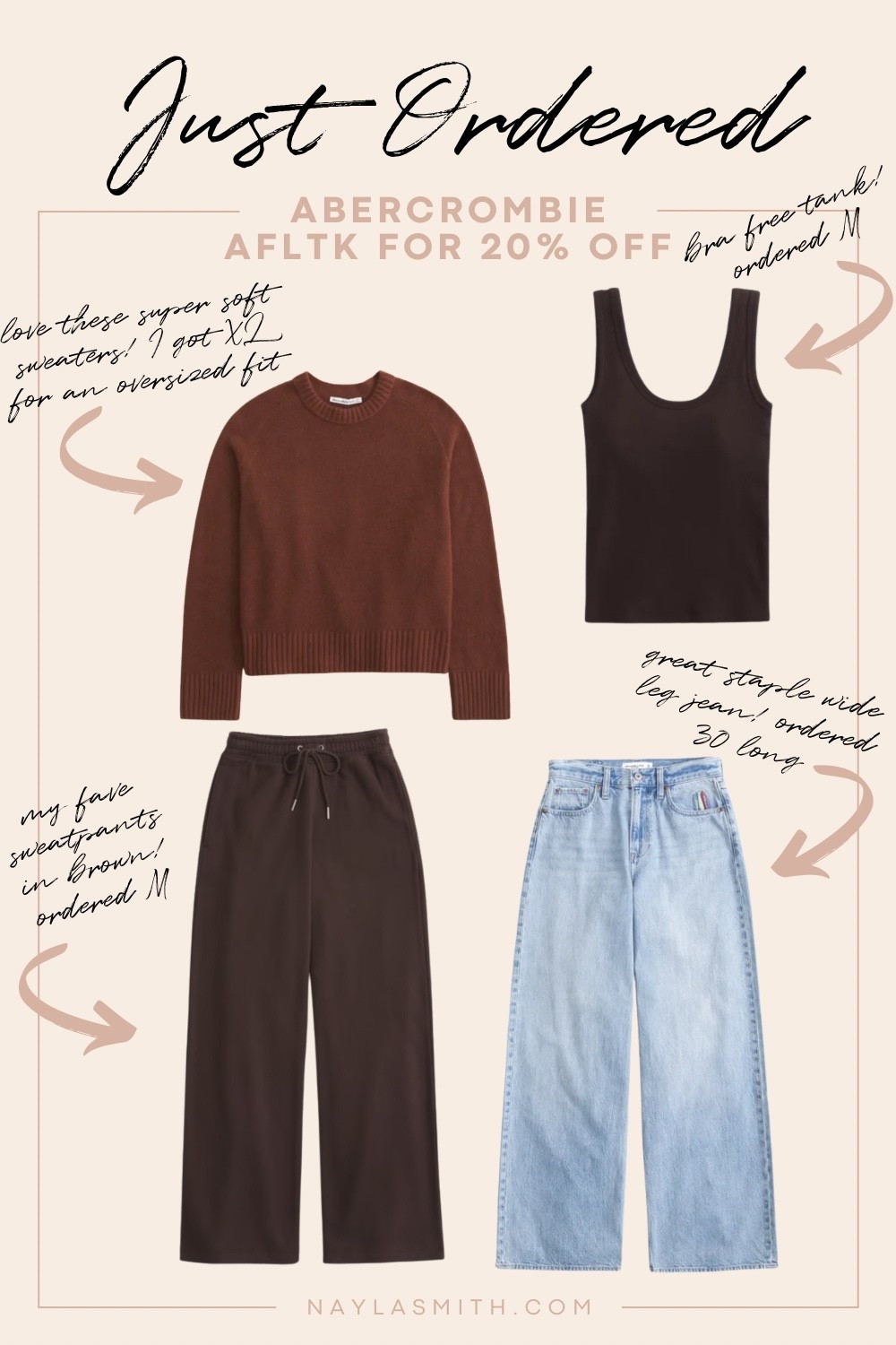 @abercrombie order! Light wash wide leg jeans in size 30 long, bra free tank top size M, brown sweater size XL for an oversized fit, wide leg sweatpants size M