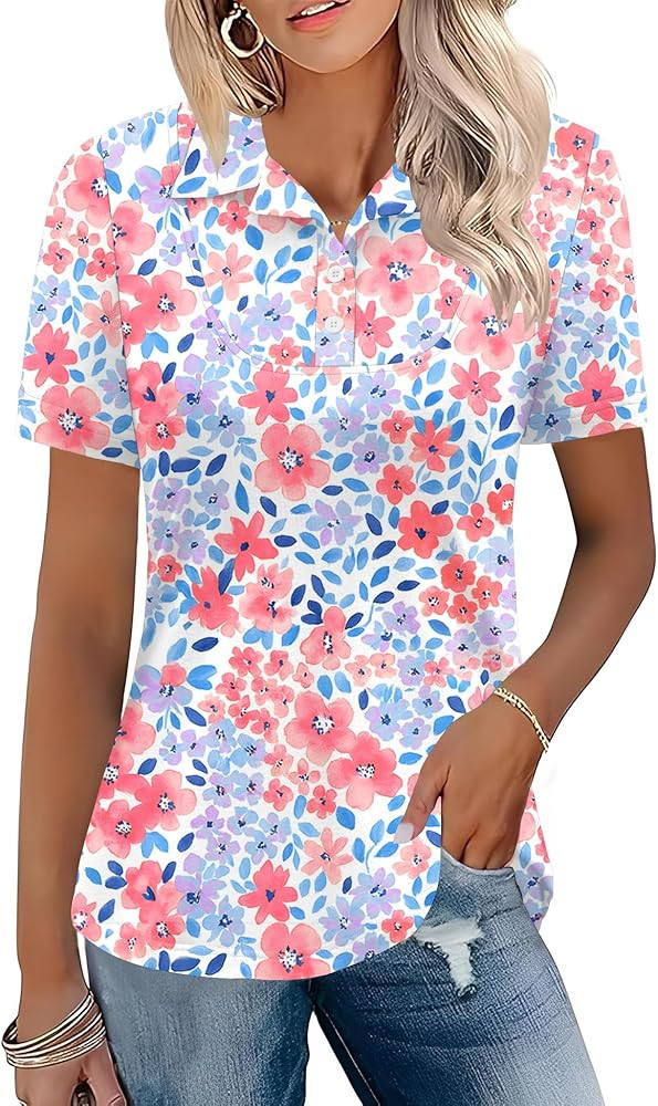 Rapbin Womens Short Sleeve Polo Shirts Business Casual Collared V Neck Tops Summer Cotton 4 Butto... | Amazon (US)