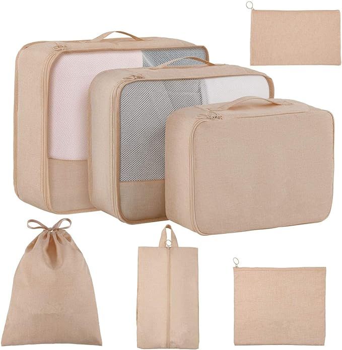 Packing Cubes for Travel 7 Set, Luggage Packing Organizers with Shoe Bag and Toiletry Bag (Beige) | Amazon (US)