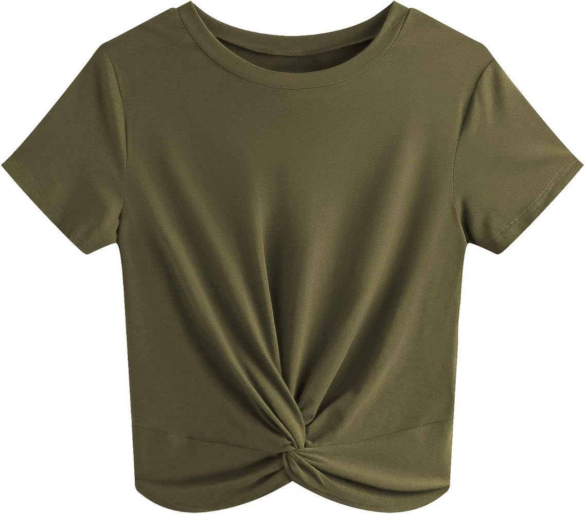 JINKESI Women's Summer Causal Short Sleeve Blouse Round Neck Crop Tops Twist Front Tee T-Shirt | Amazon (US)