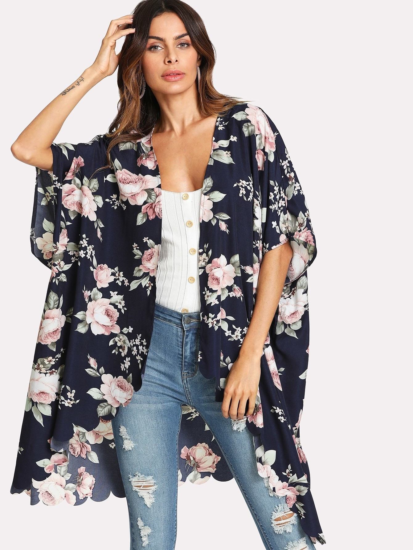 Flower Print Scallop Trim Kimono | ROMWE