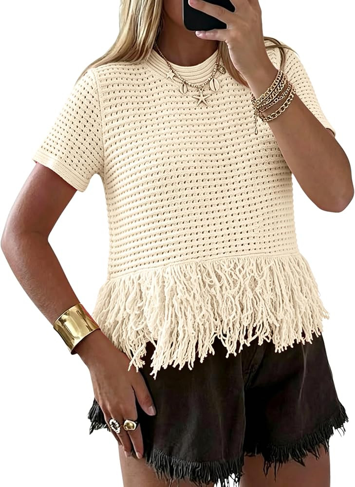 PUWEI Womens Short Sleeve Fringe Tops Crew Neck Boho Crochet Cropped Tops Summer Trendy Knit Swea... | Amazon (US)