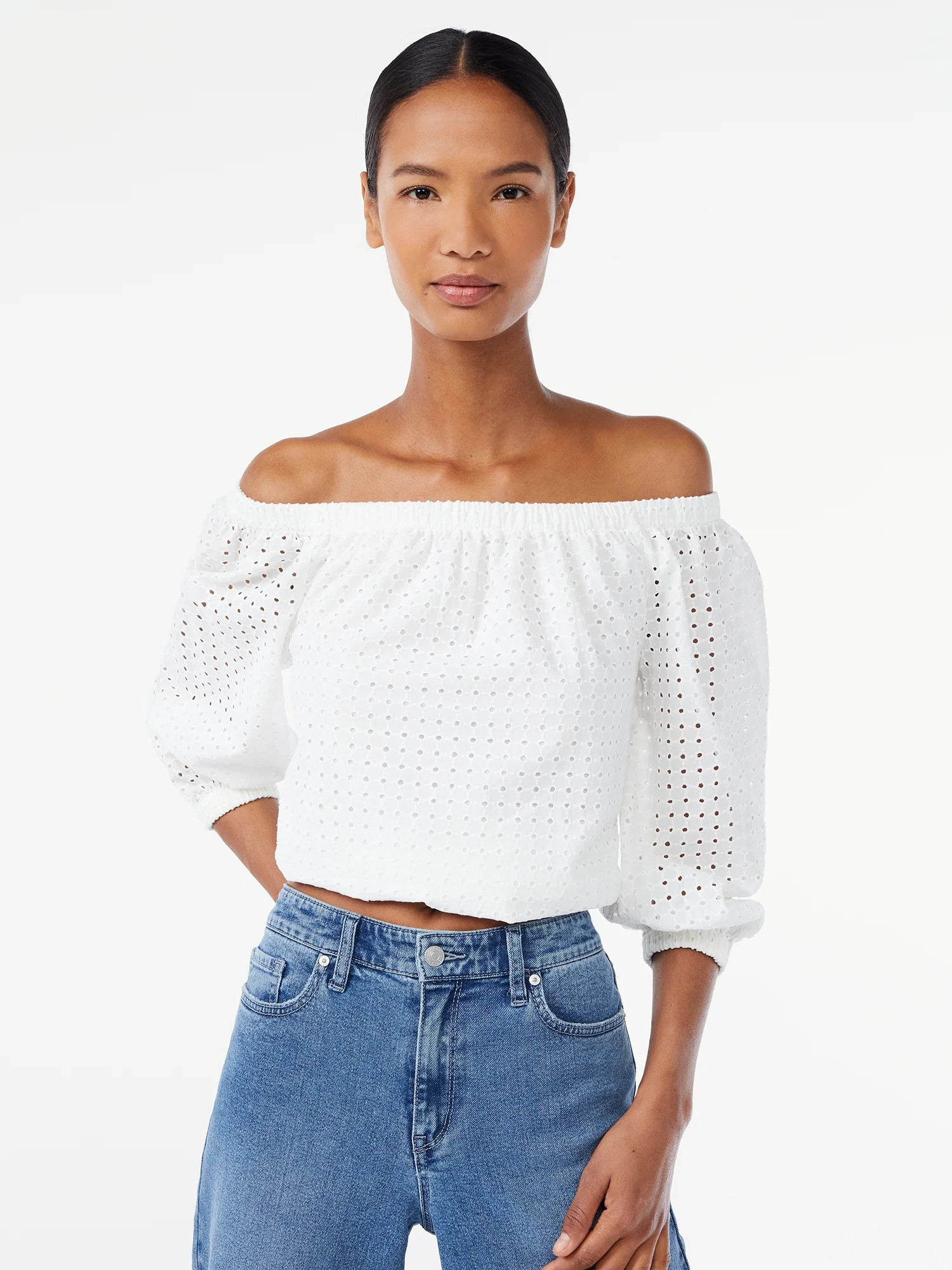 Scoop Women's Off the Shoulder Top with Blouson Sleeves | Walmart (US)