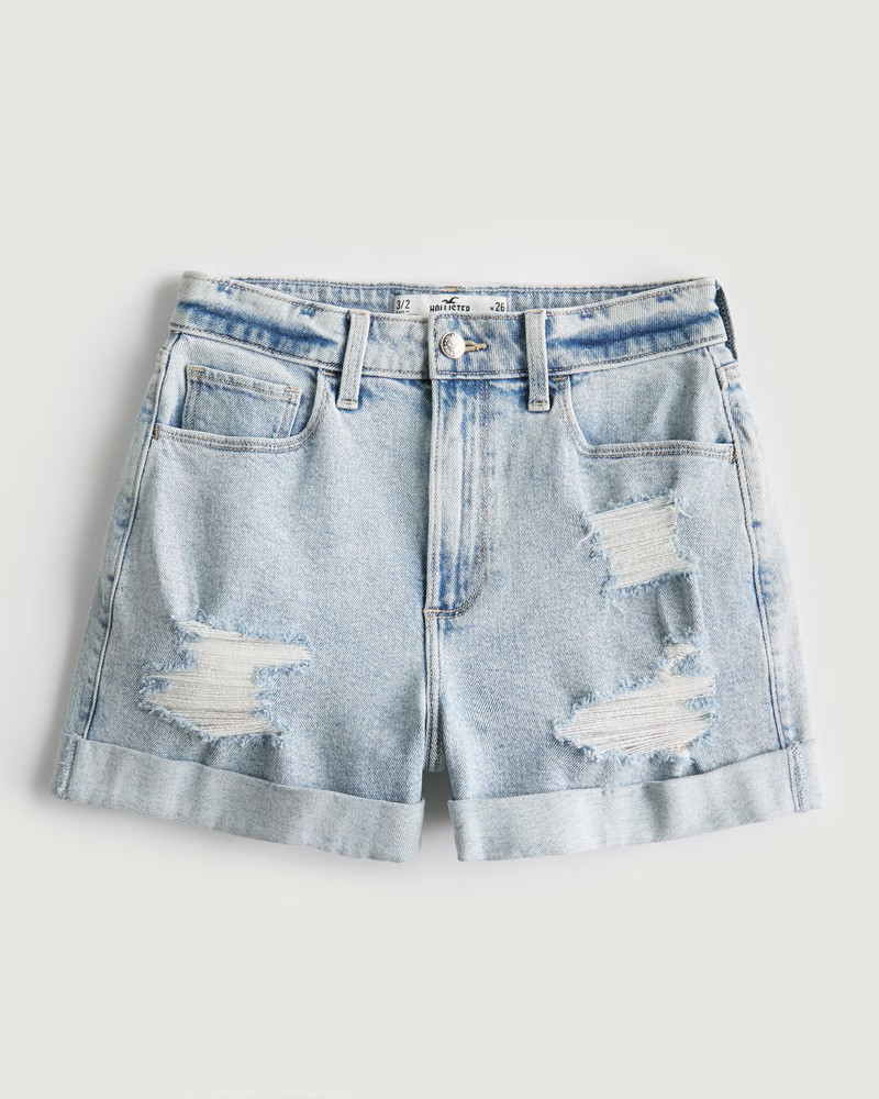 Curvy Ultra High-Rise Ripped Light Acid Wash Denim Mom Shorts | Hollister (US)