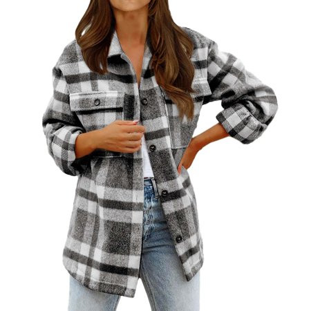 Onqubzoe Blazers for Women Fall Clothes Women s Casual Plaid Flannel Shacket Jacket Long Sleeve Button Down Shirts Jacket Lapel Coats Tops Jackets for Women Casual Gray L | Walmart (US)