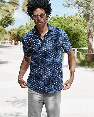 Slim Geo Print Stretch Cotton Short Sleeve Shirt | Express