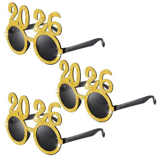 Flutesan 3 Pairs 2026 New Year Sunglasses Glitter 2026 Number Glasses Gold Silver Black Party Eyeglasses for New Years Eve Grad Party Supplies Favors (Gold) | Amazon (US)