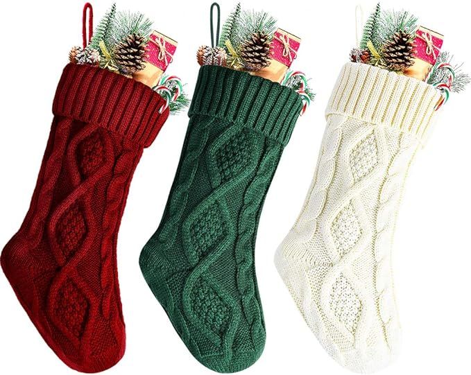 Kunyida 3PCS 14" Unique Burgundy and Ivory White and Green Knitted Christmas Stockings | Amazon (US)