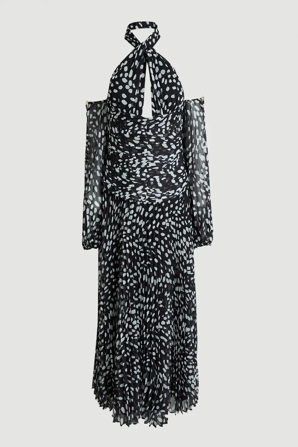 Polka Dot Crinkle Cold Shoulder Georgette Woven Maxi Dress | Karen Millen