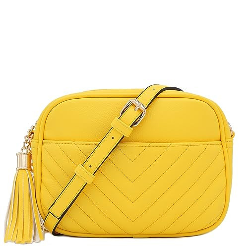 FashionPuzzle Chevron Quilted Crossbody Camera Bag with Chain Strap and Tassel (Yellow) | Amazon (US)