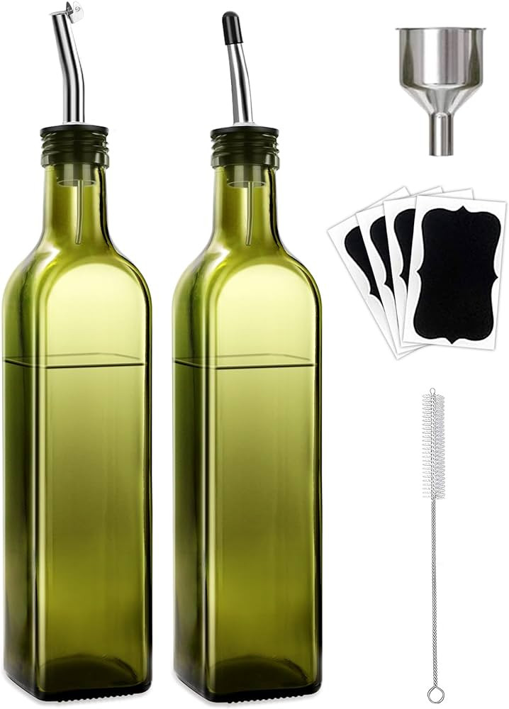 Olive Oil Dispenser Bottle, 2 Pcs Green Glass Olive Oil Dispenser and Vinegar Dispenser Set with ... | Amazon (US)
