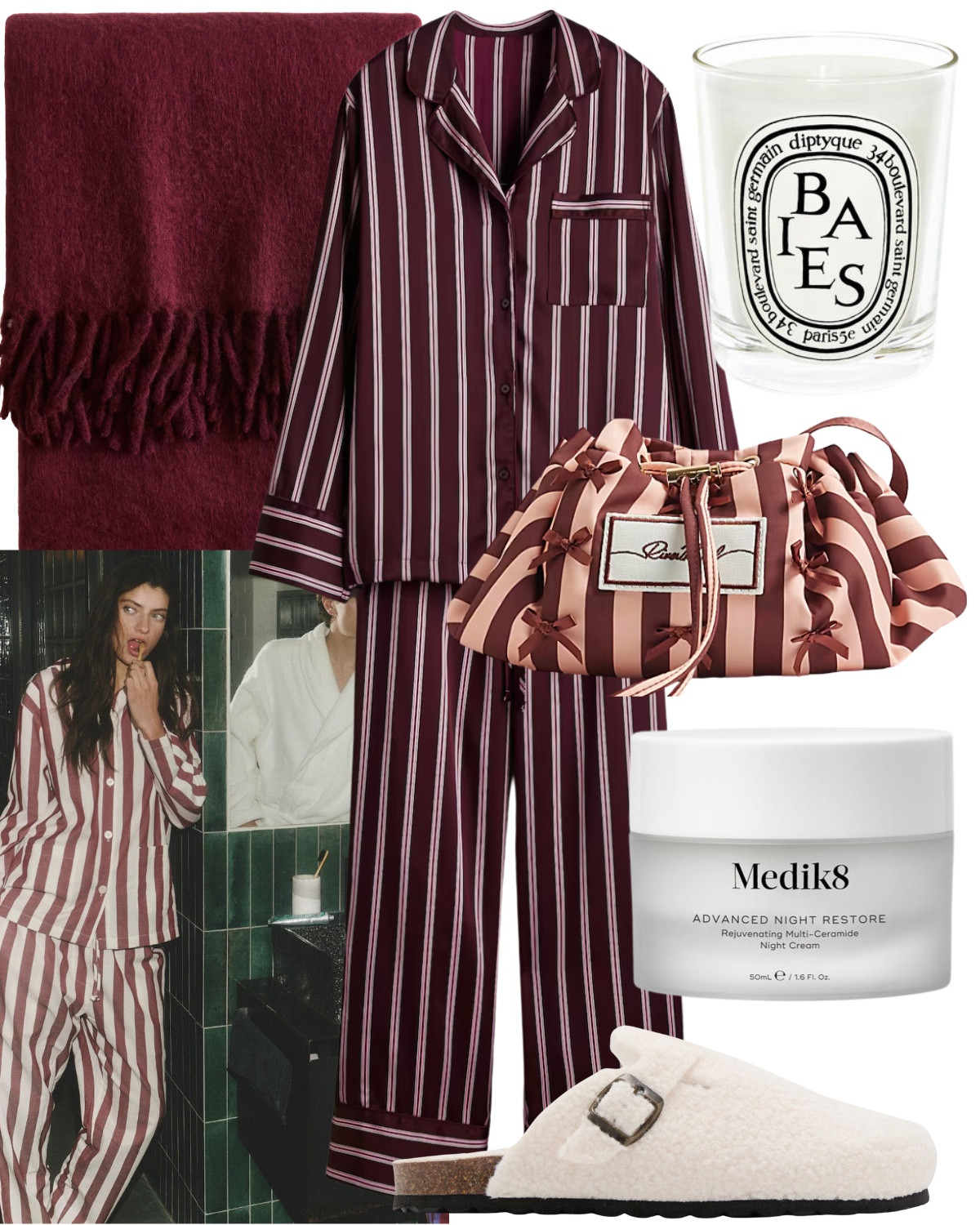 Elevated nighttime routine ✨

Stripped silk PJs pyjamas, burgundy blanket, candle, make-up bag, night time serum, shearing slippers 

#LTKbeauty #LTKstyletip #LTKautumn