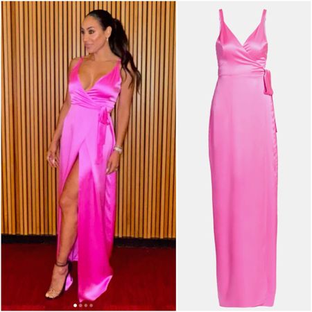 Melissa Gorga’s Pink Satin Wrap Dress is from Envy by MG 📸 = @melissagorga