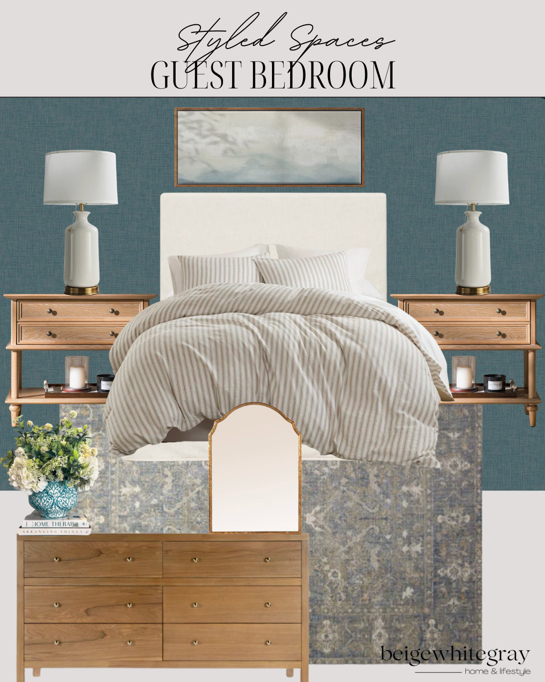Guest bedroom inspiration, guest bedroom decor, blue guest bedroom, neutral bedroom decor, cozy bedroom ideas, traditional modern bedroom, organic modern bedroom, layered bedroom styling, bedroom mood board, designer bedroom inspiration, neutral bedding, striped bedding, wood nightstands, classy home decor, elevated home styling, timeless interiors, home styling inspiration

#LTKHome