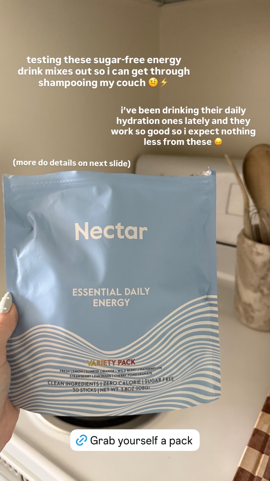 testing these sugar-free energy drink mixes out so i can get through shampooing my couch 🤨⚡️ 

i’ve been drinking their daily hydration ones lately and they work so good so i expect nothing less from these 🙂‍↕️ 

#LTKselfcare #LTKHome #LTKBeauty