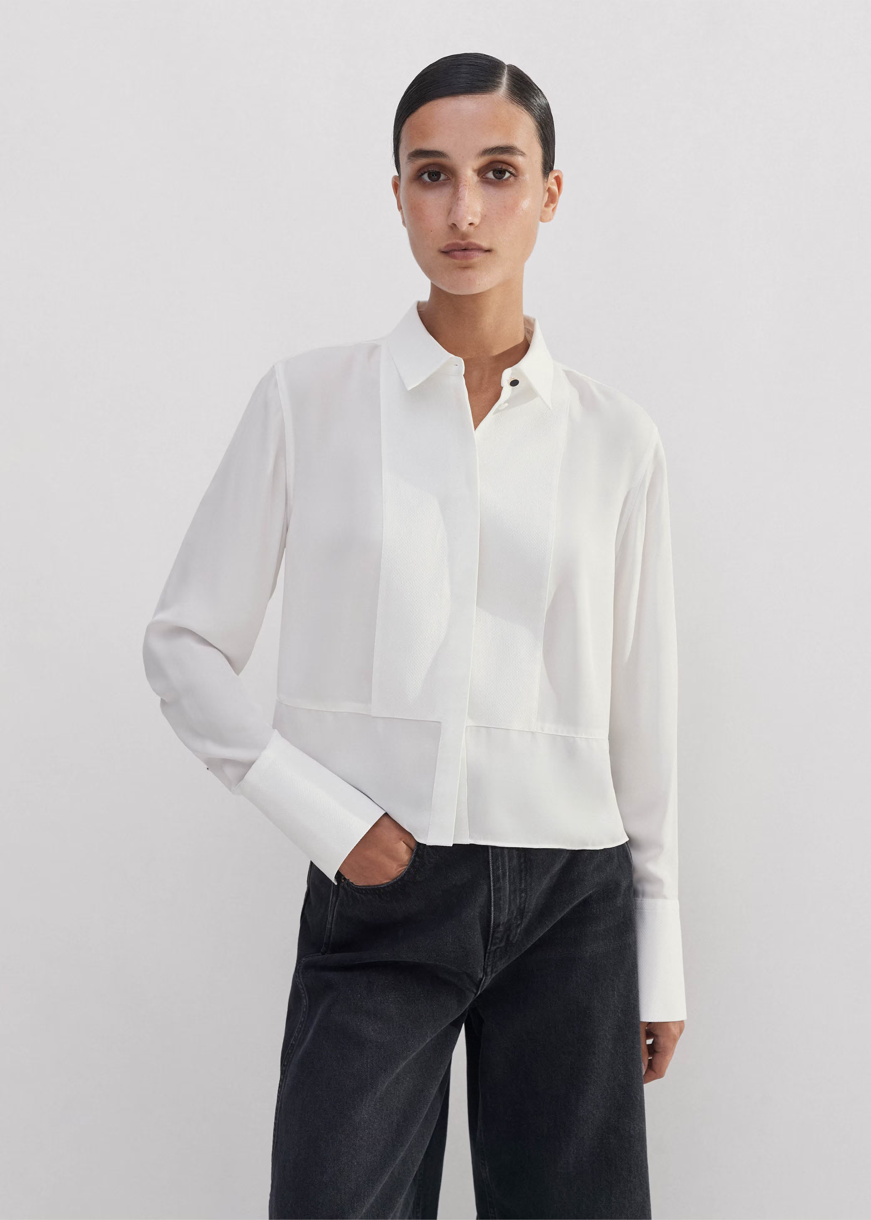 Women's White Silk Crop Tux Shirt | ME+EM | ME+EM US