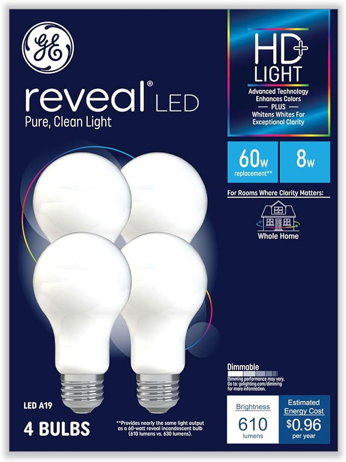 GE Reveal Hd+ Led A19 Light Bulb, 8 W, 4/Pack | Amazon (US)