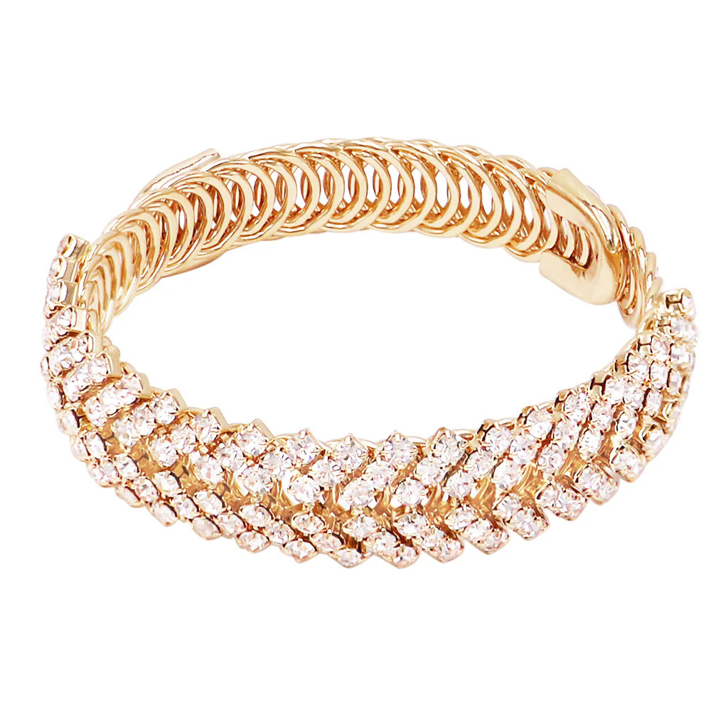 Stunning Chevron Crystal Rhinestone Flexible Wire Cuff Bracelet, 8.5&quot; (Gold Tone) | Rosemarie Collections