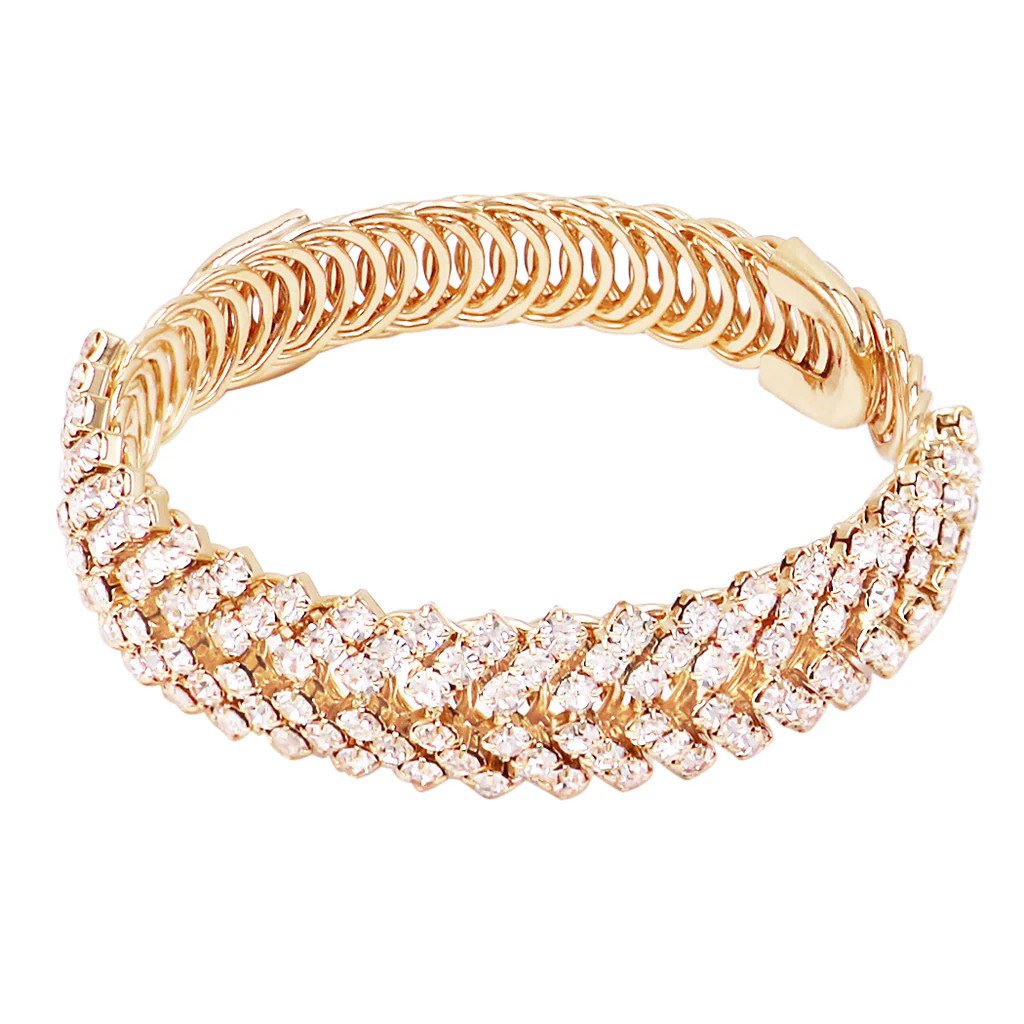 Stunning Chevron Crystal Rhinestone Flexible Wire Cuff Bracelet, 8.5" (Gold Tone) | Rosemarie Collections