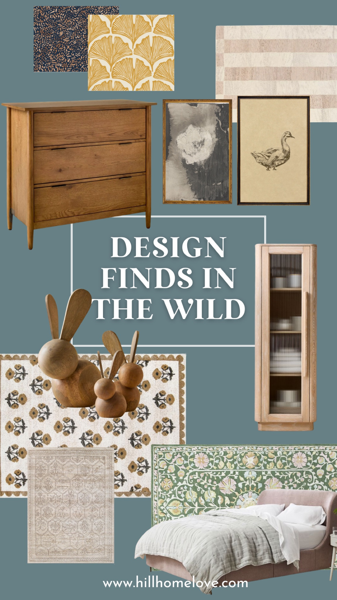 Home finds I’m loving lately. Floral rugs, wooden bunnies, a wooden bathroom cabinet, and a velvet sleigh bed  