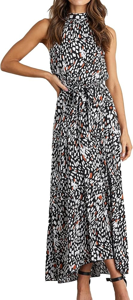 PRETTYGARDEN Women’s Casual Halter Neck Sleeveless Floral Long Maxi Dress Backless Loose Ruffle... | Amazon (US)