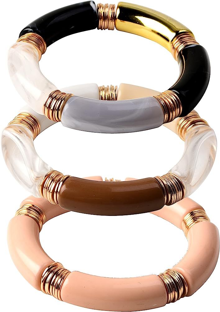 Bamboo Tube Bangles Bracelet Chunky Curved Stacking Clear Acrylic Colorful Beads Stretchable Friends | Amazon (US)