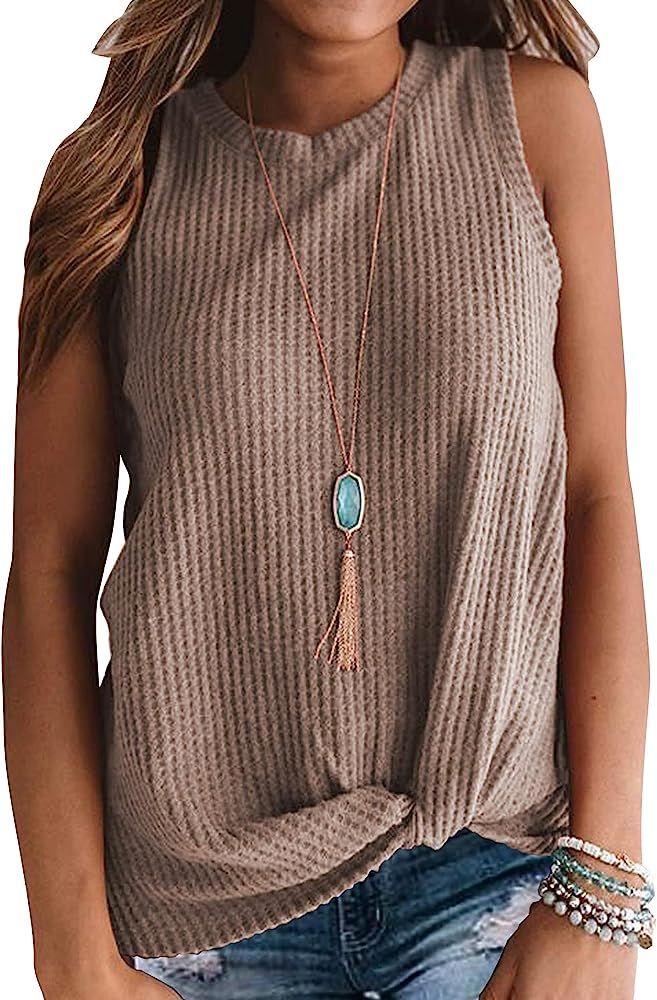 MIHOLL Womens Casual Tops Sleeveless Cute Twist Knot Waffle Knit Shirts Tank Tops | Amazon (US)