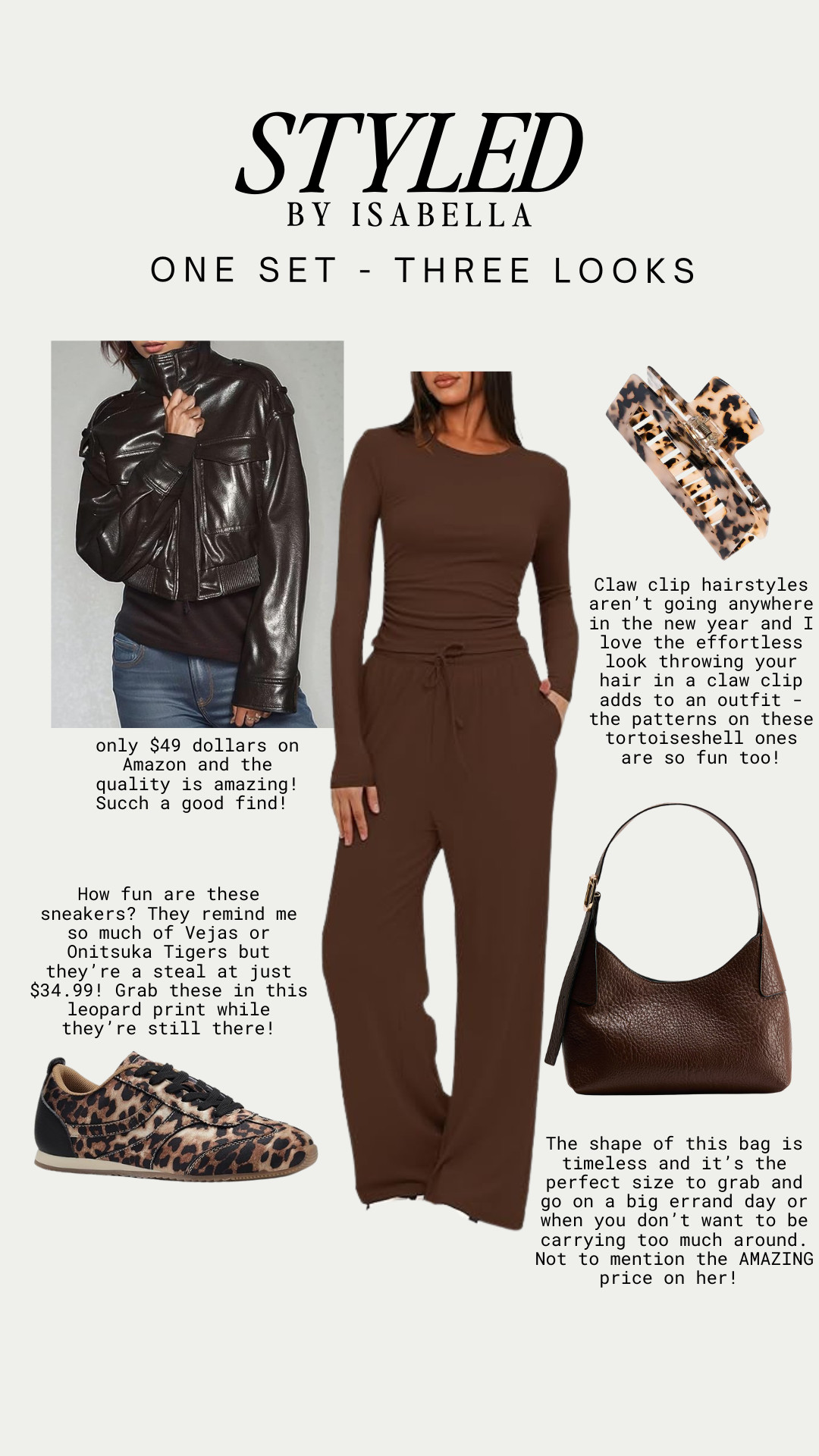 Same Amazon set, completely different vibe 🤎 This brown version is the ultimate elevated neutral—polished enough to style up, comfortable enough to live in. I layered it with an affordable faux leather jacket, a chic everyday shoulder bag, and leopard sneakers for that effortless off-duty look. Proof that one matching lounge set can work overtime in your wardrobe. If you missed the black or cream versions, scroll back—they’re all linked and equally good.

Shop the full outfit on LTK for easy Amazon finds, capsule wardrobe staples, and winter outfit inspiration that actually works in real life. 

 #liketkit #amazonfashion #amazonfinds #matchingloungewear #neutraloutfits #capsulewardrobe #over40style #effortlessstyle #everydayoutfits #winterfashion #comfortablechic #affordablefashion #styledbyisabella #confessionsofasuperager 

#LTKOver40 #LTKSaleAlert #LTKFindsUnder50