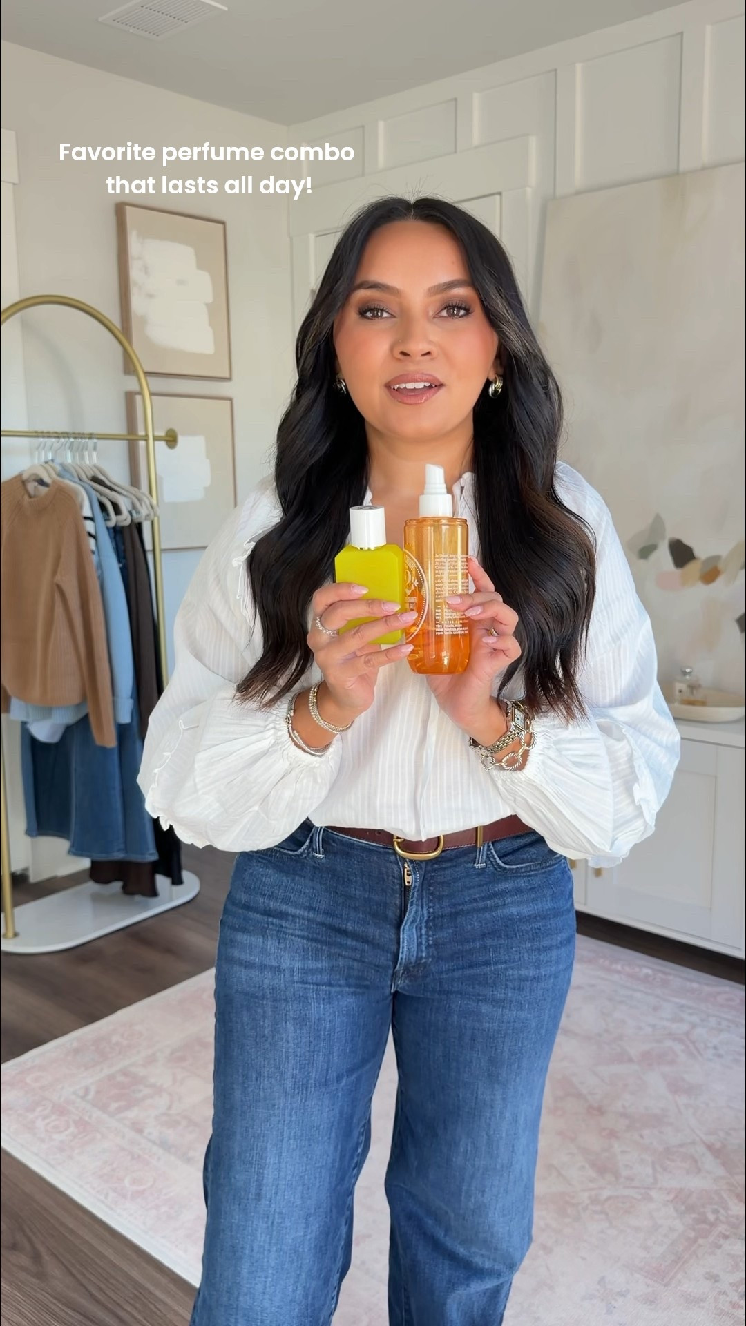 Perfume combo: Sunfruit (Key Notes: Fresh Fig, Handpicked Jasmine, Vanilla Planifolia) and Cheirosa 62 (Key Notes: Salted Caramel, Pistachio, Vanilla)

Top size xs petite TTS 
Jeans size 26 petite TTS - petite is labeled as Lil
Belt size small 

#LTKPetite #LTKBeauty #LTKFindsUnder100