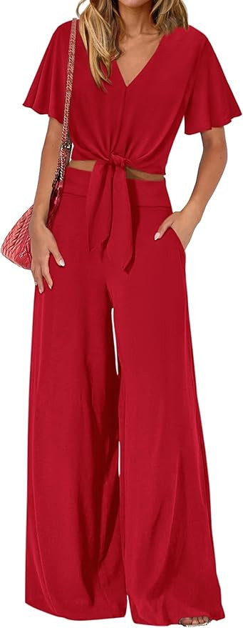 PRETTYGARDEN Women 2 Piece Summer Outfits Short Sleeve Strappy Top Wide Leg Pants Tracksuit Loung... | Amazon (US)