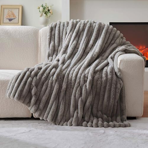 Lotus Karen Faux Fur Twin Blanket Couch, Cozy Soft Fluffy Fuzzy Gray Blanket, Striped Warm Thick Furry Plush Shaggy Small Blankets for Women, 60x80 Inches | Amazon (US)