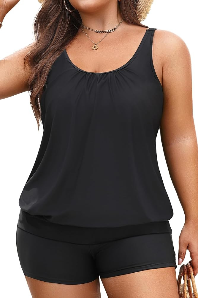 Yonique Plus Size Tankini Swimsuits for Women Blouson Tankini Tops with Swim Shorts Two Piece Bat... | Amazon (US)