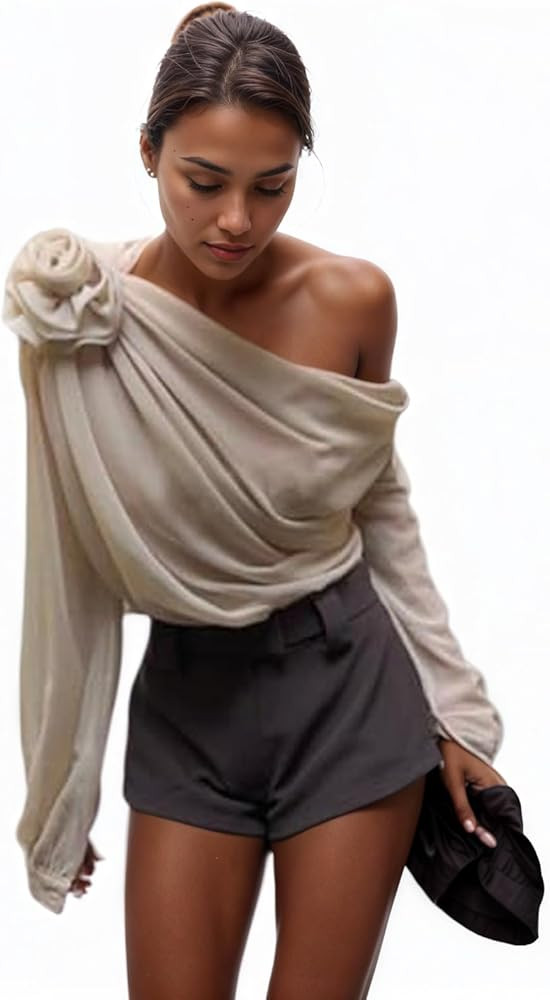 OCUH Asymmetric Draped Jumper Off The Shoulder Sweater Top 3D Flower Tops Y2k Pullover Sweaters f... | Amazon (US)