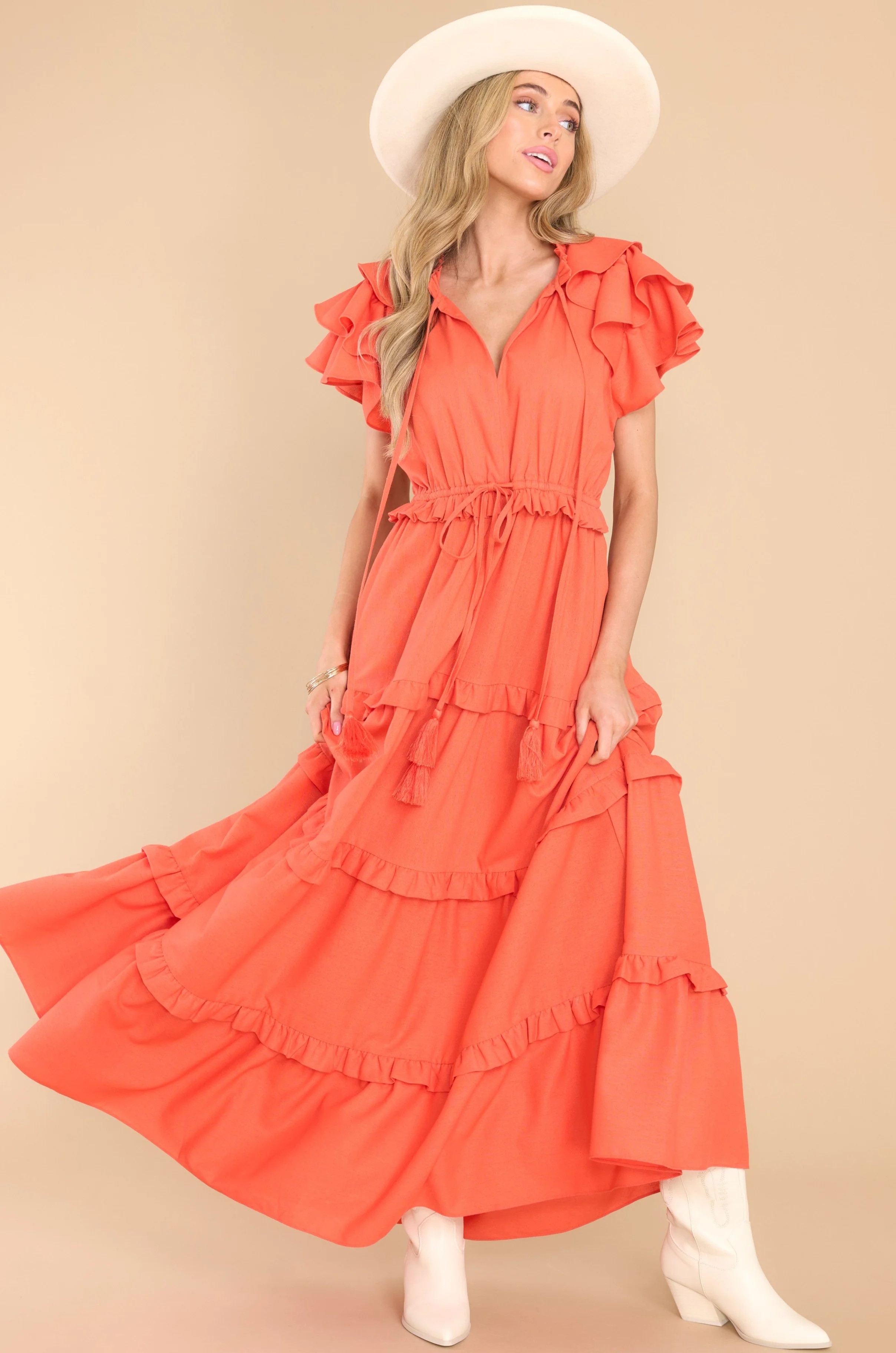 Ruffle Some Feathers Spice Maxi Dress | Red Dress 