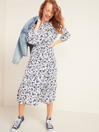 Floral-Print Waist-Defined Bracelet-Sleeve Midi Dress for Women | Old Navy (US)