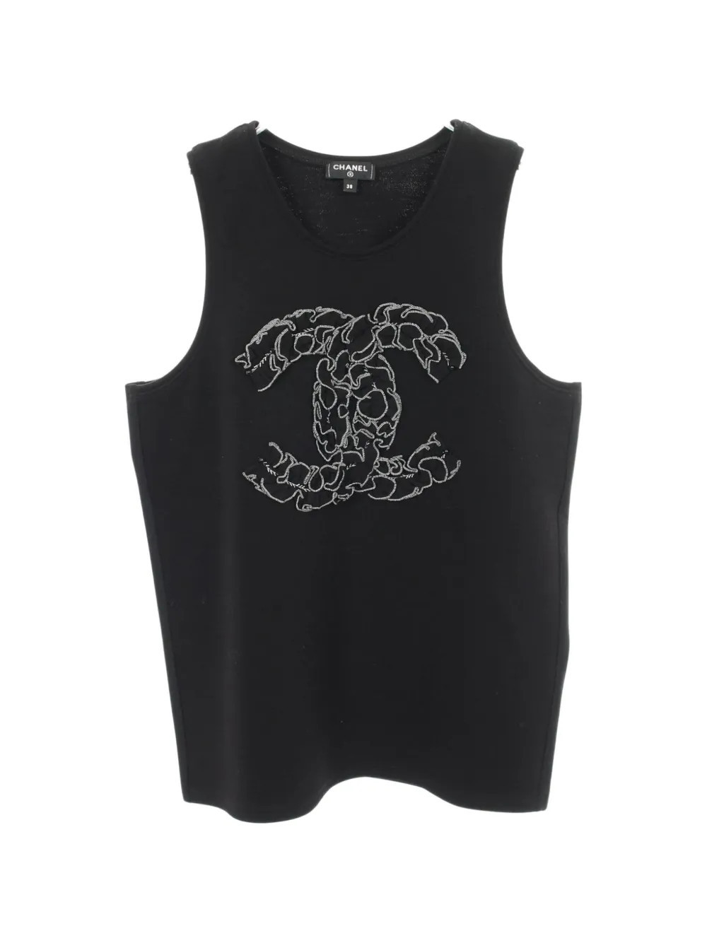 CHANEL Pre-Owned 1986-1988 Coco Mark Camellia ruffled tank top - Black | Farfetch Global