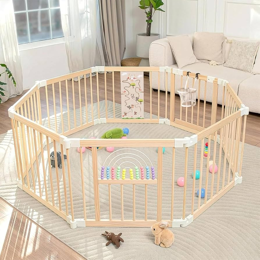 Ulnxiy Wooden Baby Playpen with Montessori Toys, 8-Panel Foldable Wood Play Yard for Toddlers, 56... | Amazon (US)