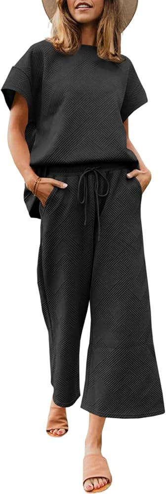 Fazortev Womens 2 Piece Outfits Sweatsuit Short Sleeve Tops and Drawstring Waist Cropped Wide Leg... | Amazon (US)