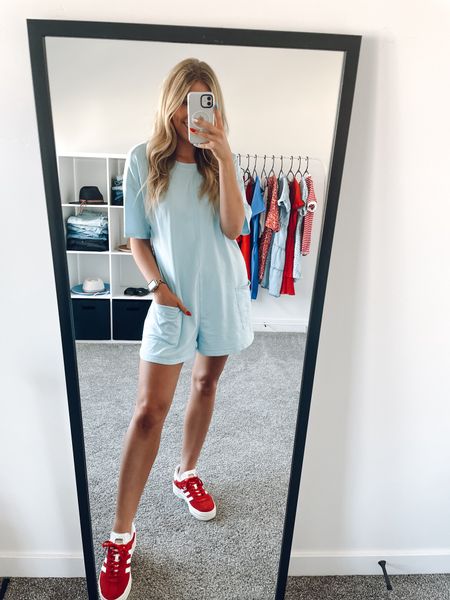 4th of July outfit!
Blue short sleeve romper: wearing small
Red adidas: true to size 

#LTKFindsUnder100 #LTKShoeCrush #LTKSeasonal