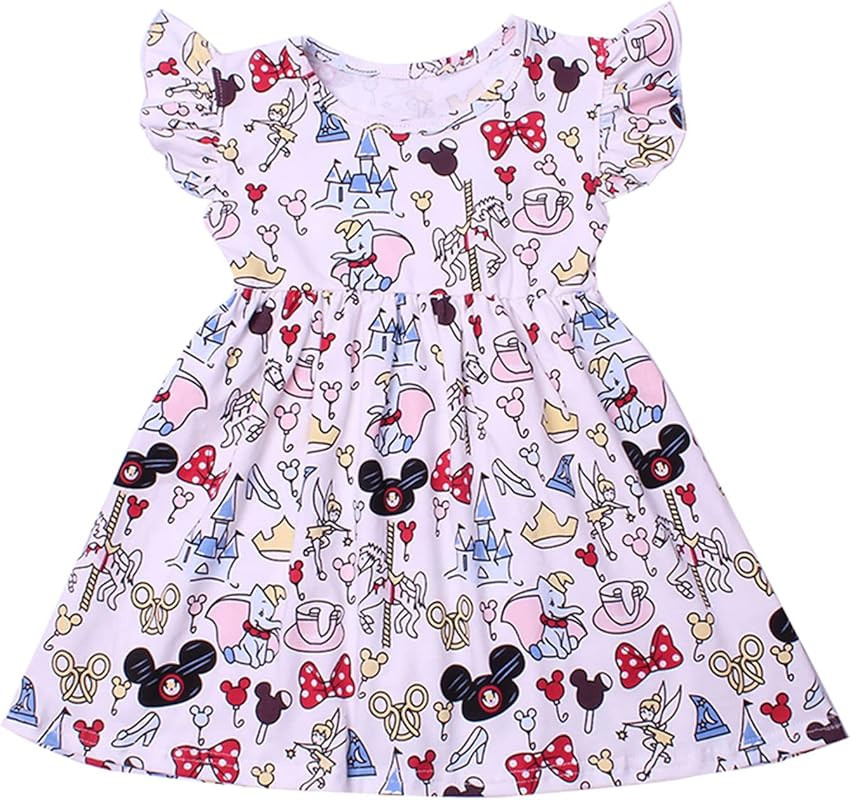 LZJLSQHYH Children Clothes Girls Flutter Sleeve Cartoon Printed Toddlers Summer Mickey Bow Dress | Amazon (US)