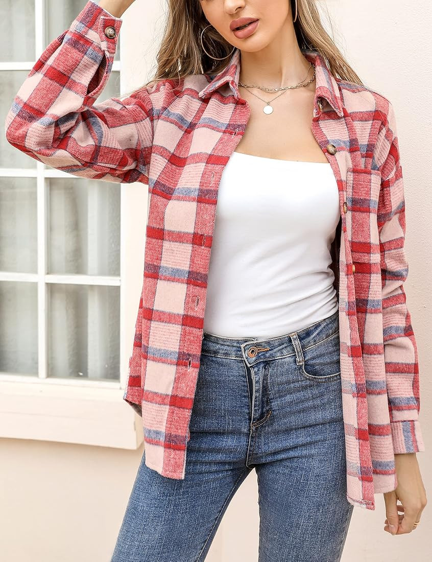 KOJOOIN Plaid Shackets Flannel Jacket Casual Long Sleeve Button Down Oversized Cardigan | Amazon (US)