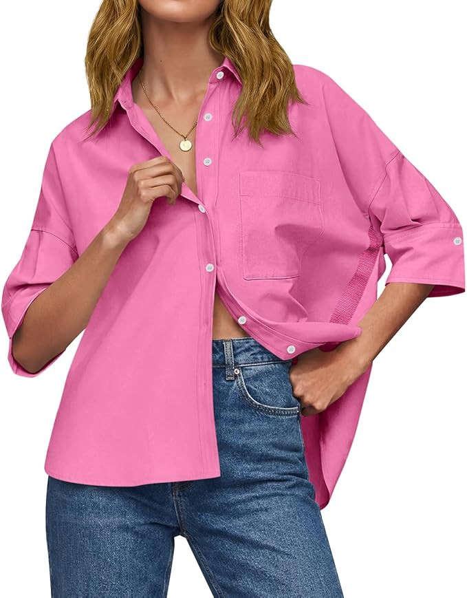 Cicy Bell Womens Summer Oversized Button Down Shirts Half Sleeve V Neck Business Casual High Low ... | Amazon (US)